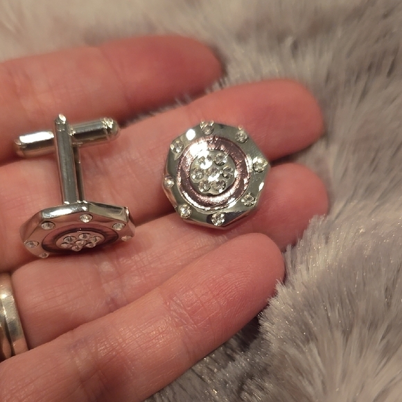 Stainless Steel Silver and Pink Cuff Links with Cubic Zirconia Brand New In Box - Picture 2 of 6